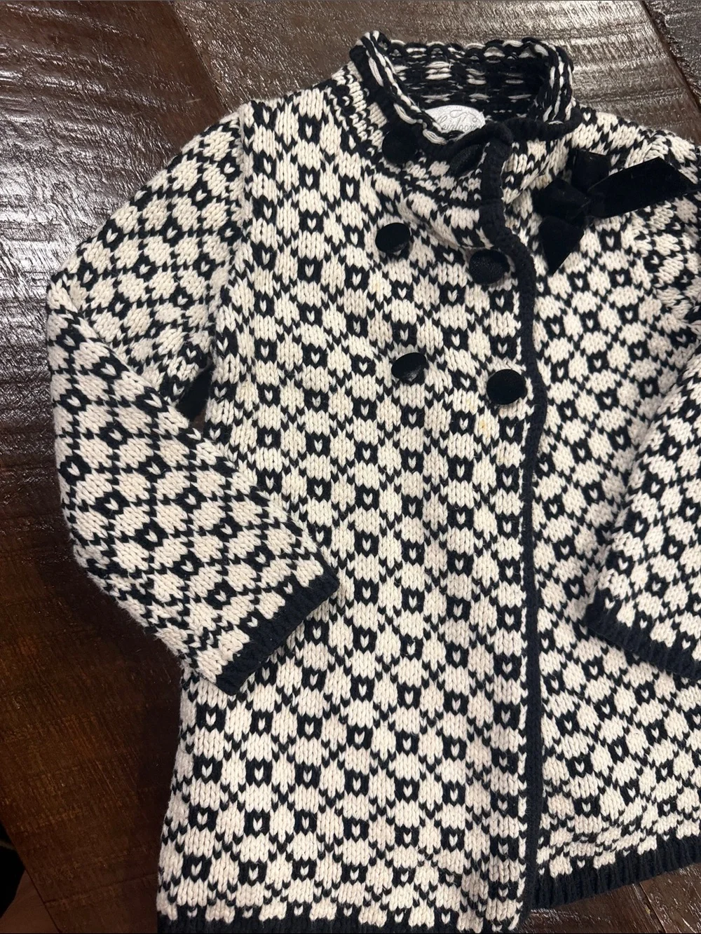 Girls Black & Cream Knit Double-Breasted Pea Coat with Velvet Bow